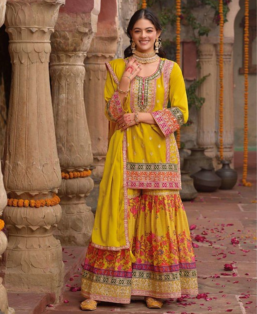 Stylish Yellow Floral Printed Heavy Wedding Wear Gharara Suit For Women - Image 2