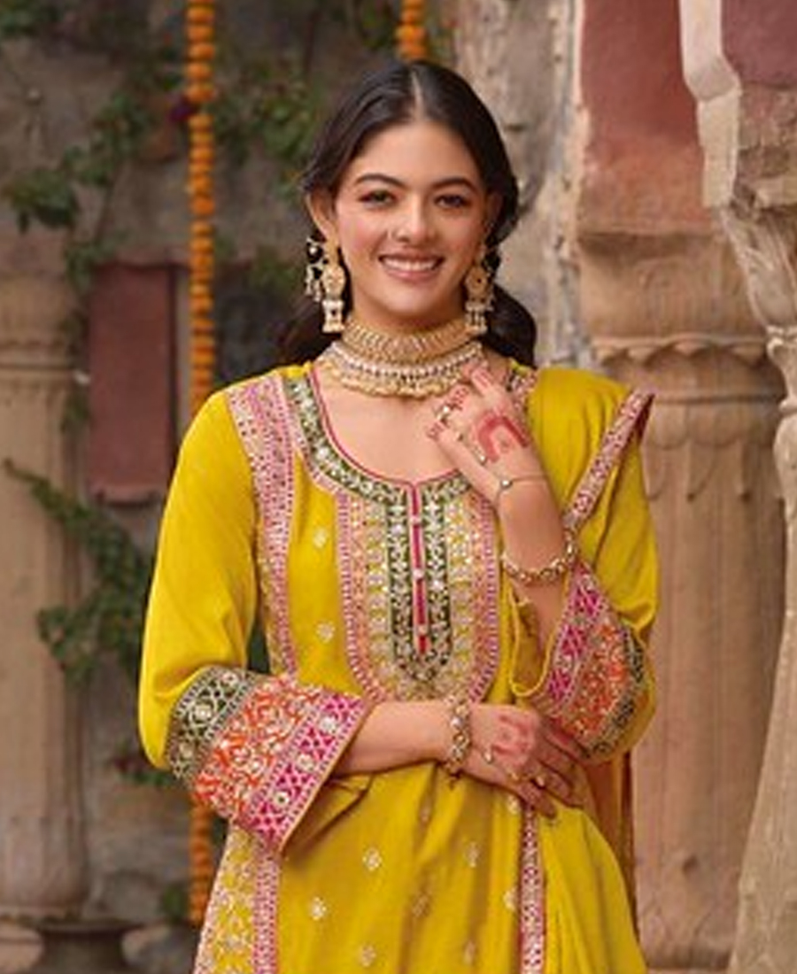 Stylish Yellow Floral Printed Heavy Wedding Wear Gharara Suit For Women - Image 3