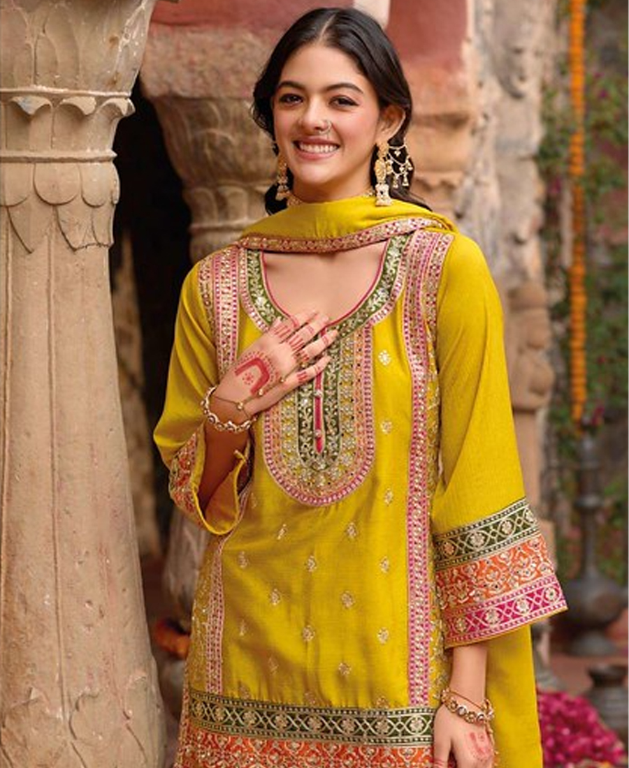 Stylish Yellow Floral Printed Heavy Wedding Wear Gharara Suit For Women