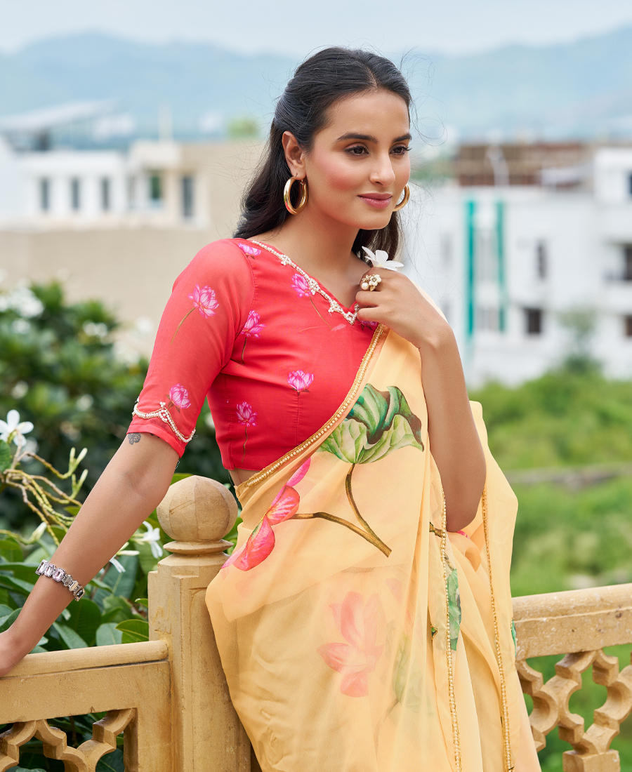 Designer Light Yellow Floral Printed Saree For Women Tabby Silk
