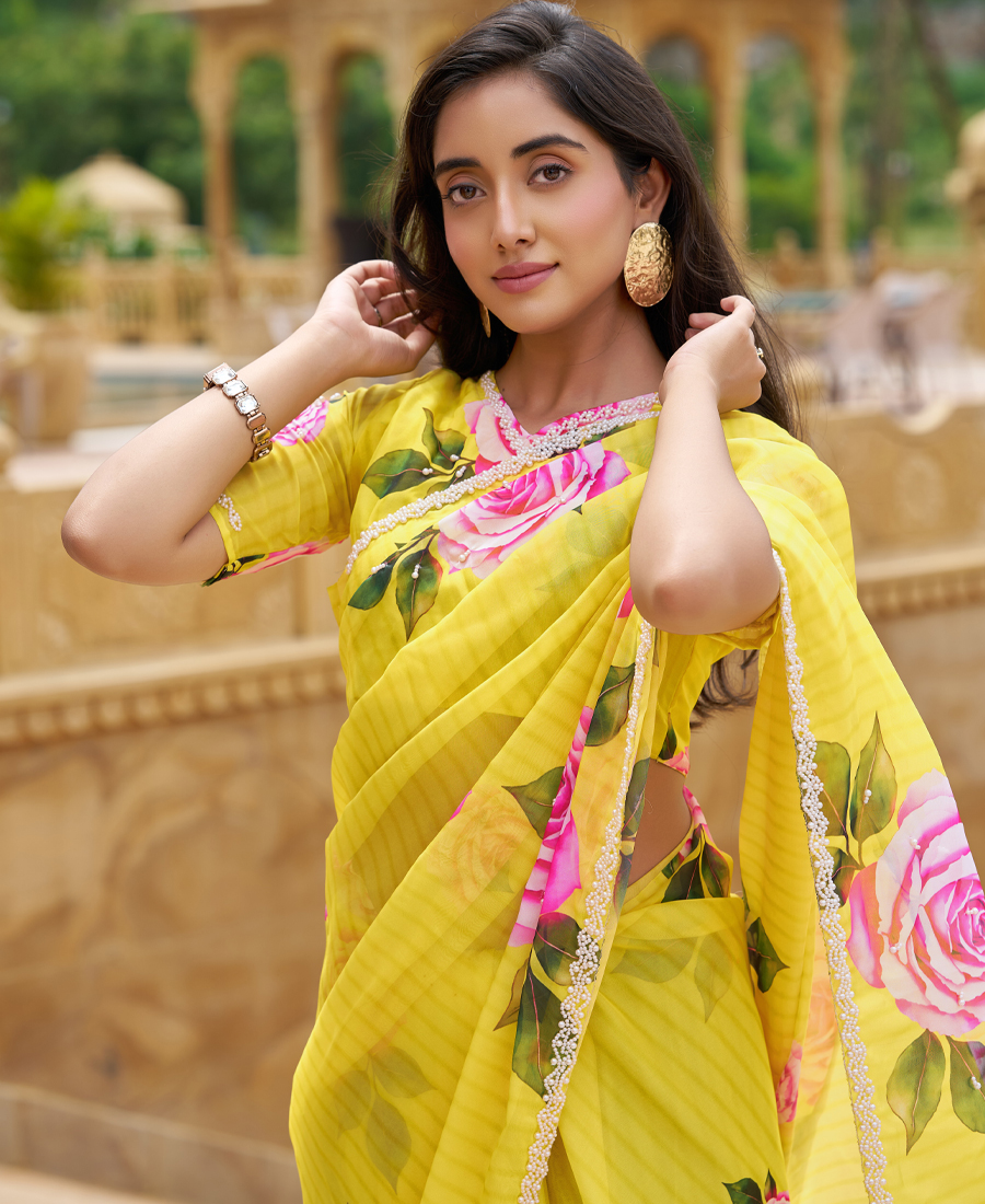 Designer Yellow Floral Printed Saree For Women Tabby Silk