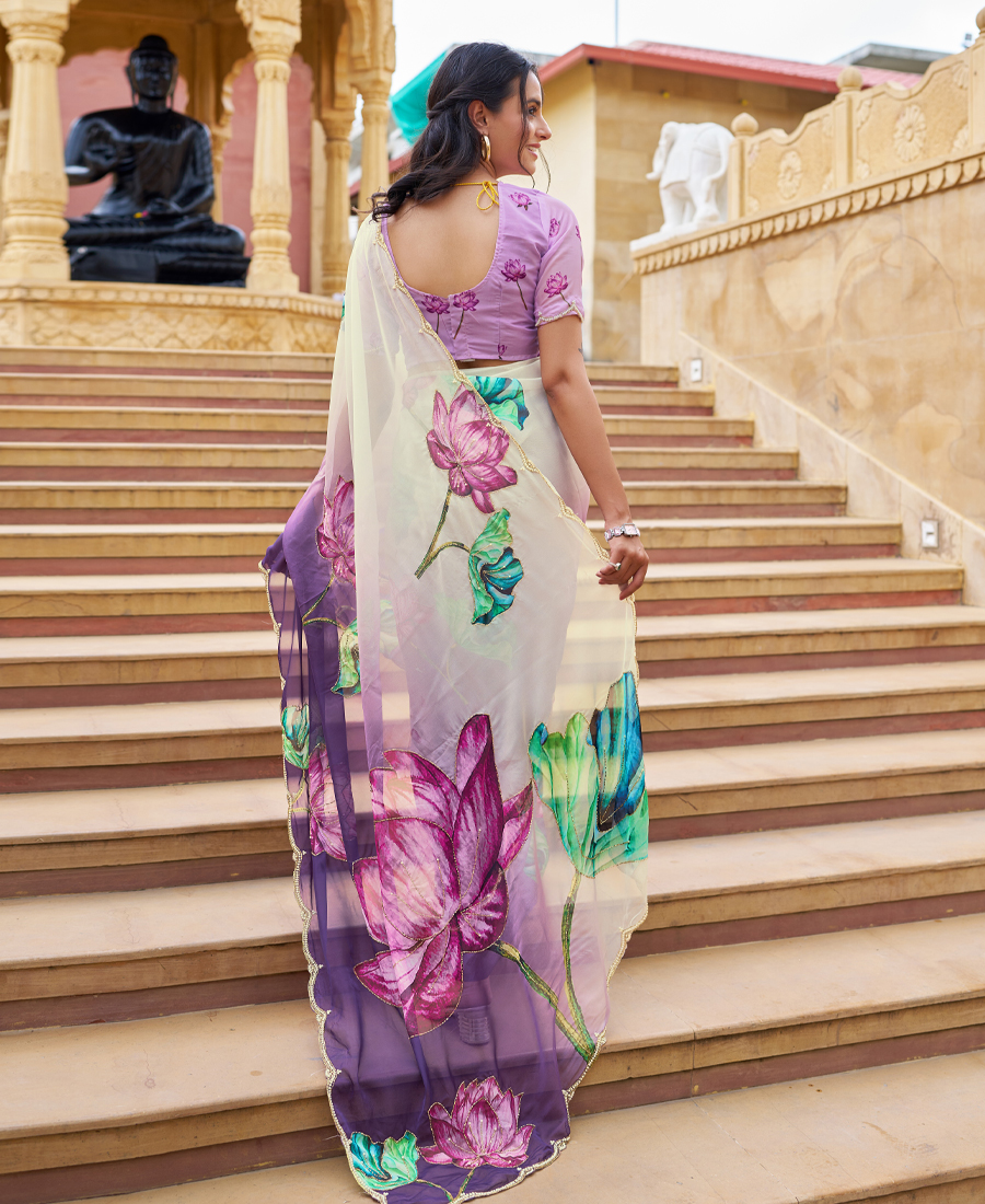 Designer Purple Floral Printed Saree For Women Tabby Silk