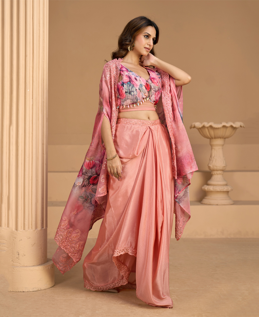 Latest Pink Floral Printed Fancy Indo Western For Women Wedding Wear - Image 3
