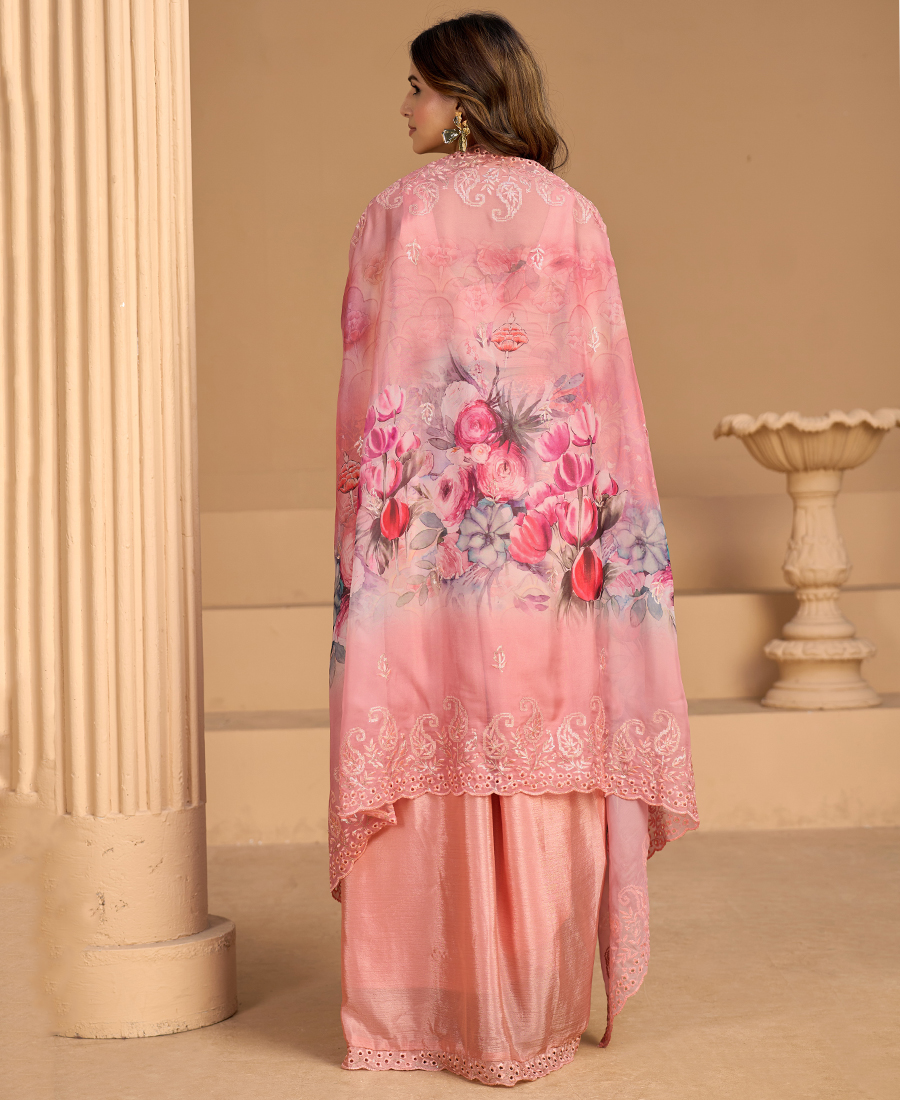 Latest Pink Floral Printed Fancy Indo Western For Women Wedding Wear - Image 2