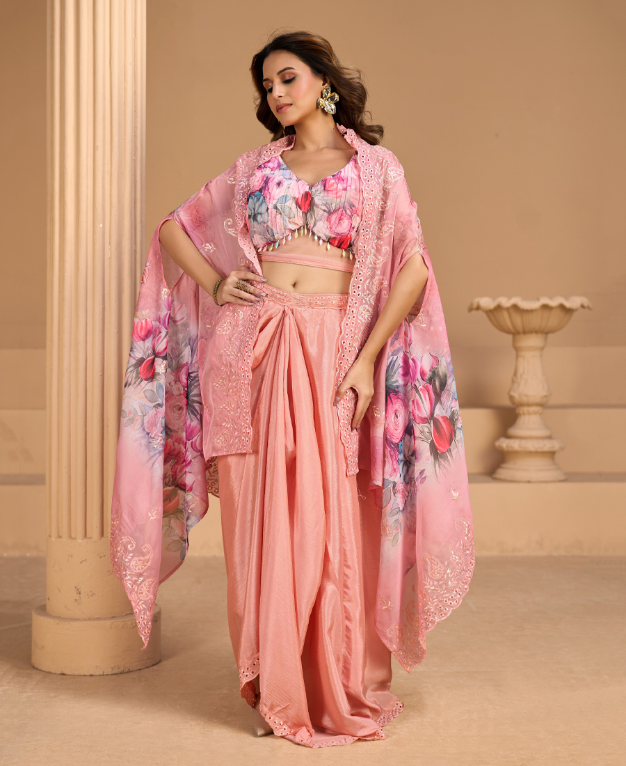 Latest Pink Floral Printed Fancy Indo Western For Women Wedding Wear