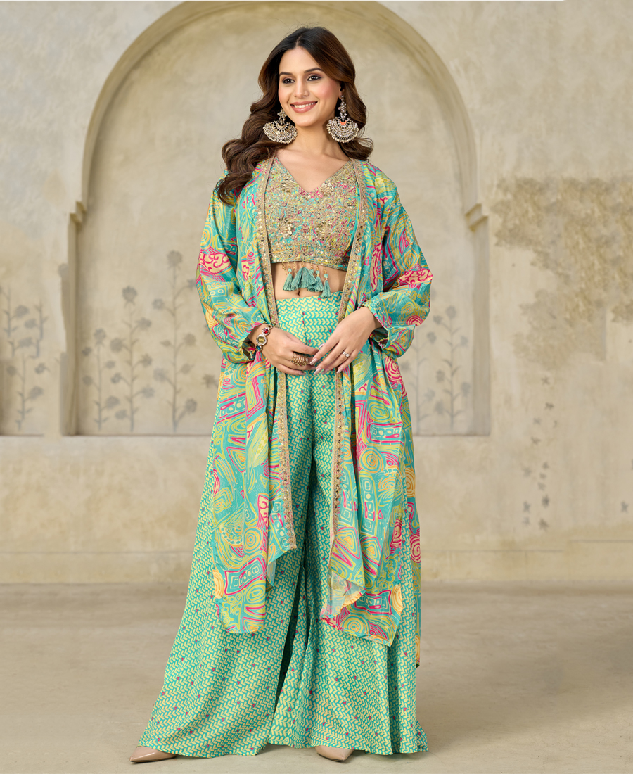 New Printed Chinon Cord Set For Women Party Wear Sky Blue - Image 4