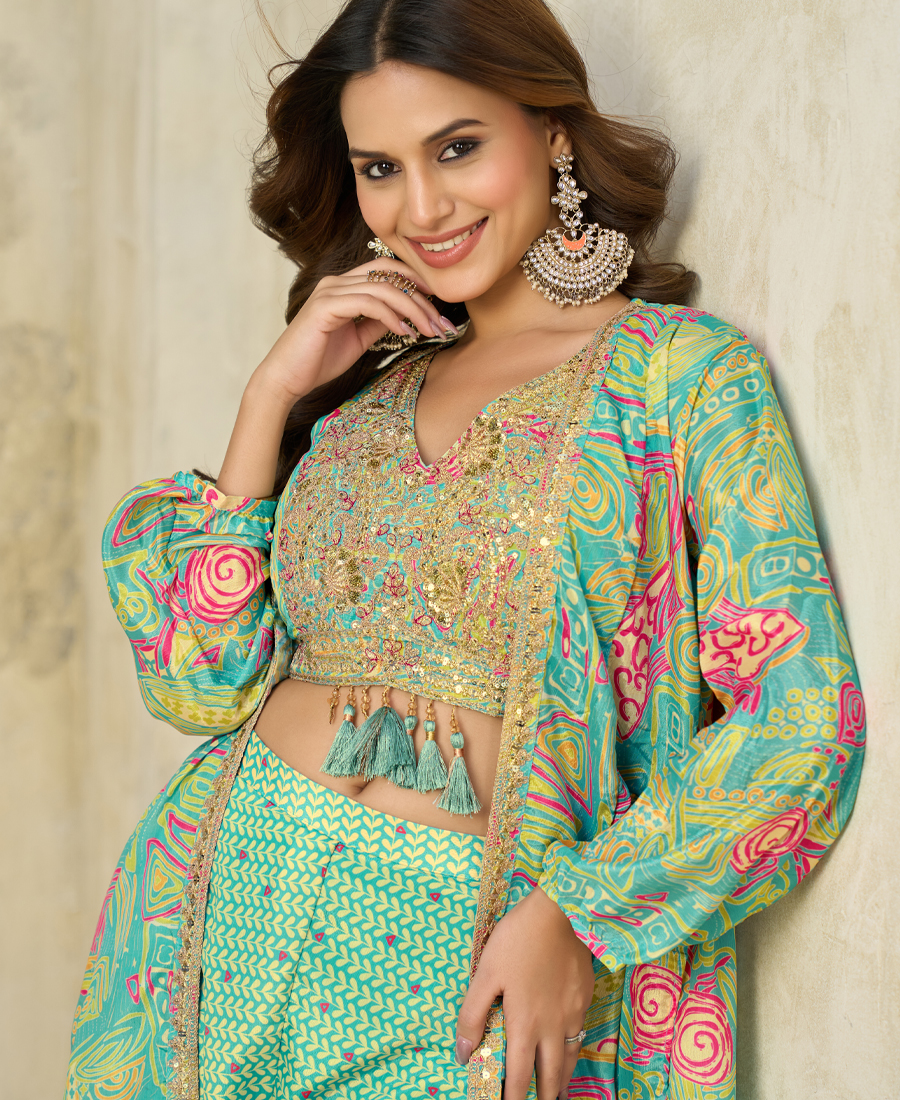 New Printed Chinon Cord Set For Women Party Wear Sky Blue - Image 3