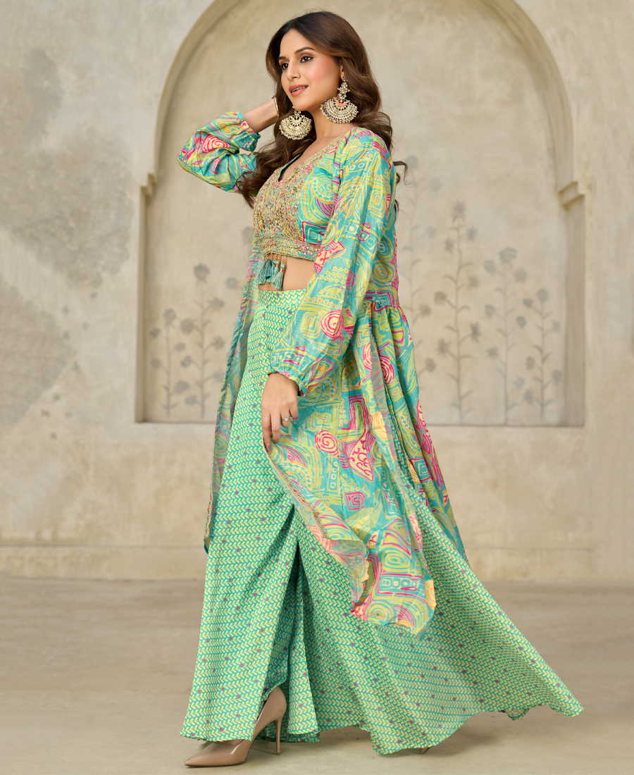 New Printed Chinon Cord Set For Women Party Wear Sky Blue