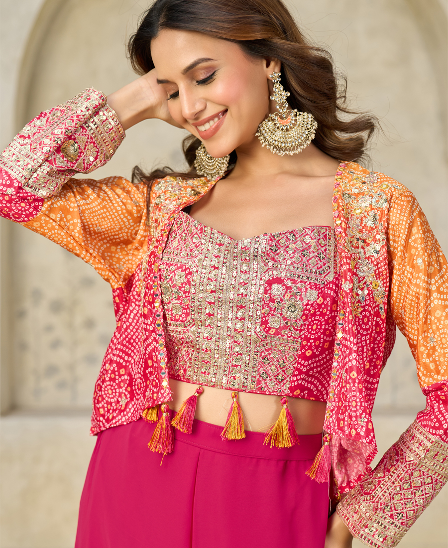 New Printed Chinon Cord Set For Women Party Wear Red - Image 3