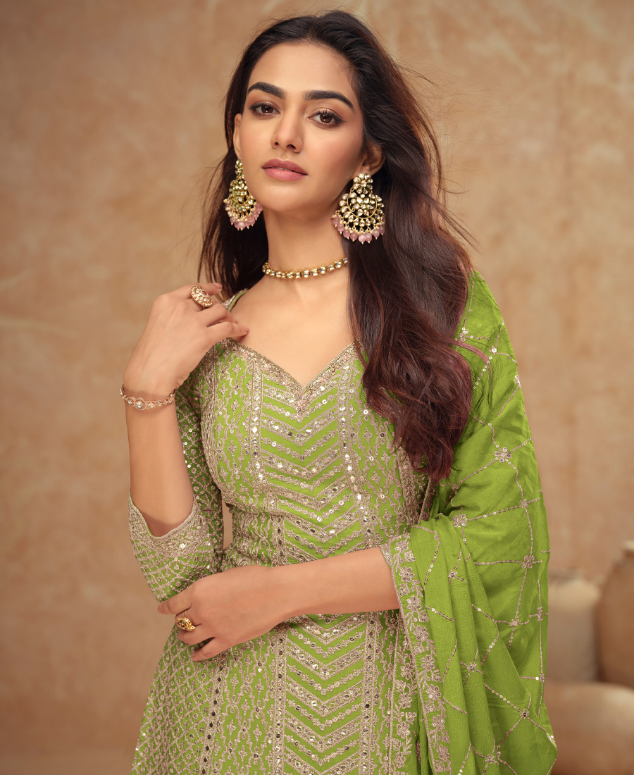Designer Chinon Palazzo Set For Women Ethnic Wear Light Green