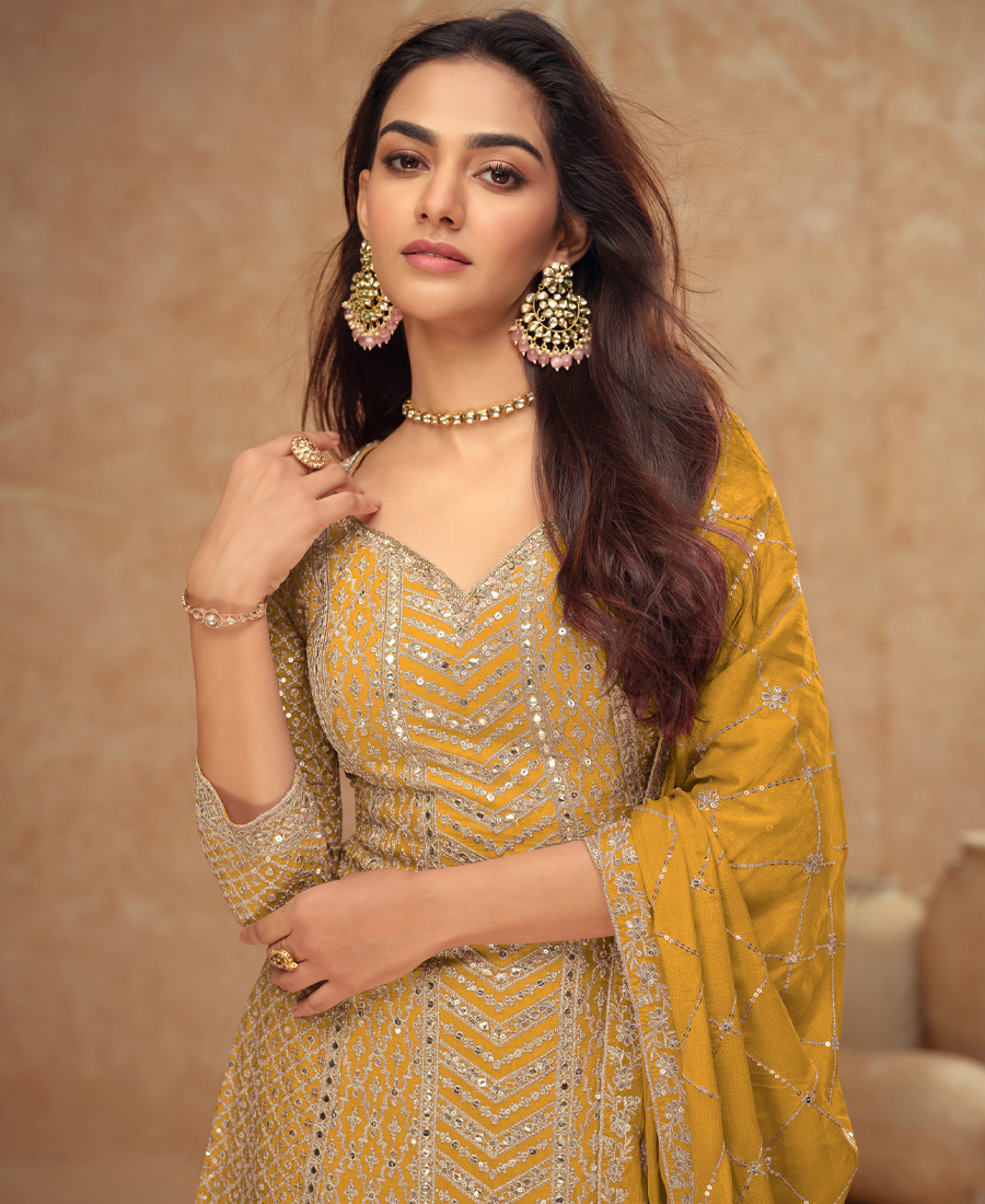 Designer Chinon Palazzo Set For Women Ethnic Wear Yellow