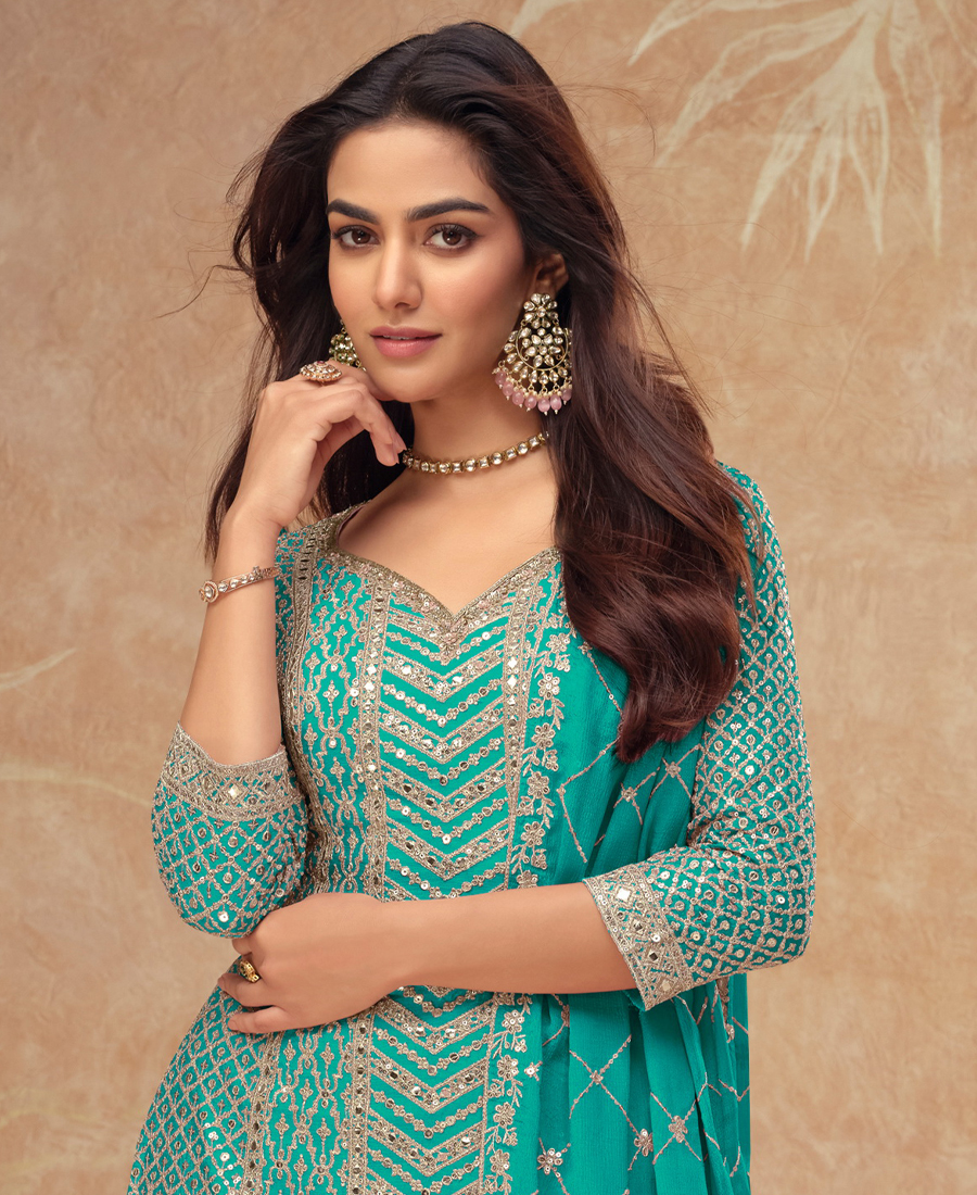 Designer Chinon Palazzo Set For Women Ethnic Wear Firozi