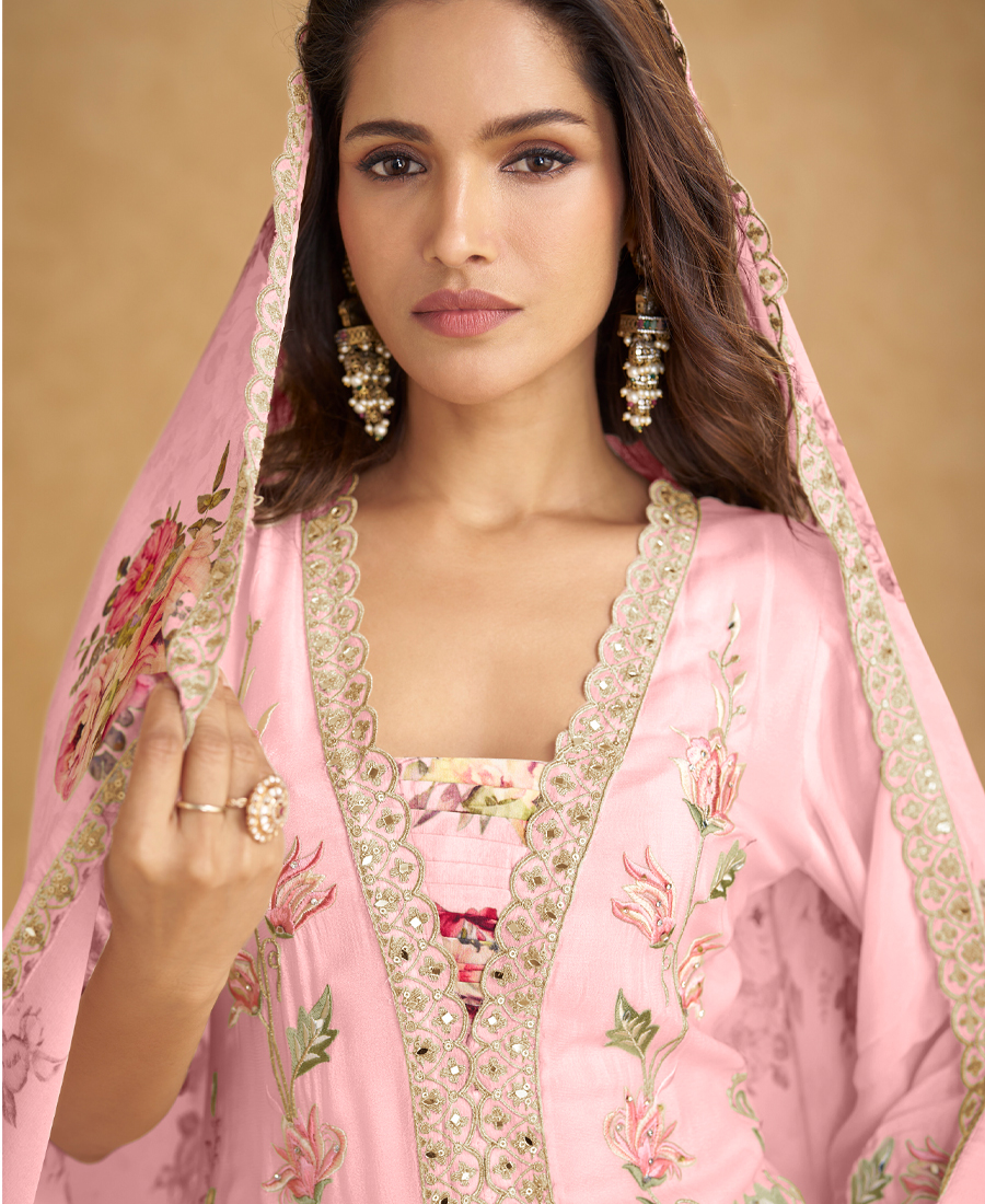 Baby Pink Chinon Straight Suit For Women With Multi Thread Embroidery