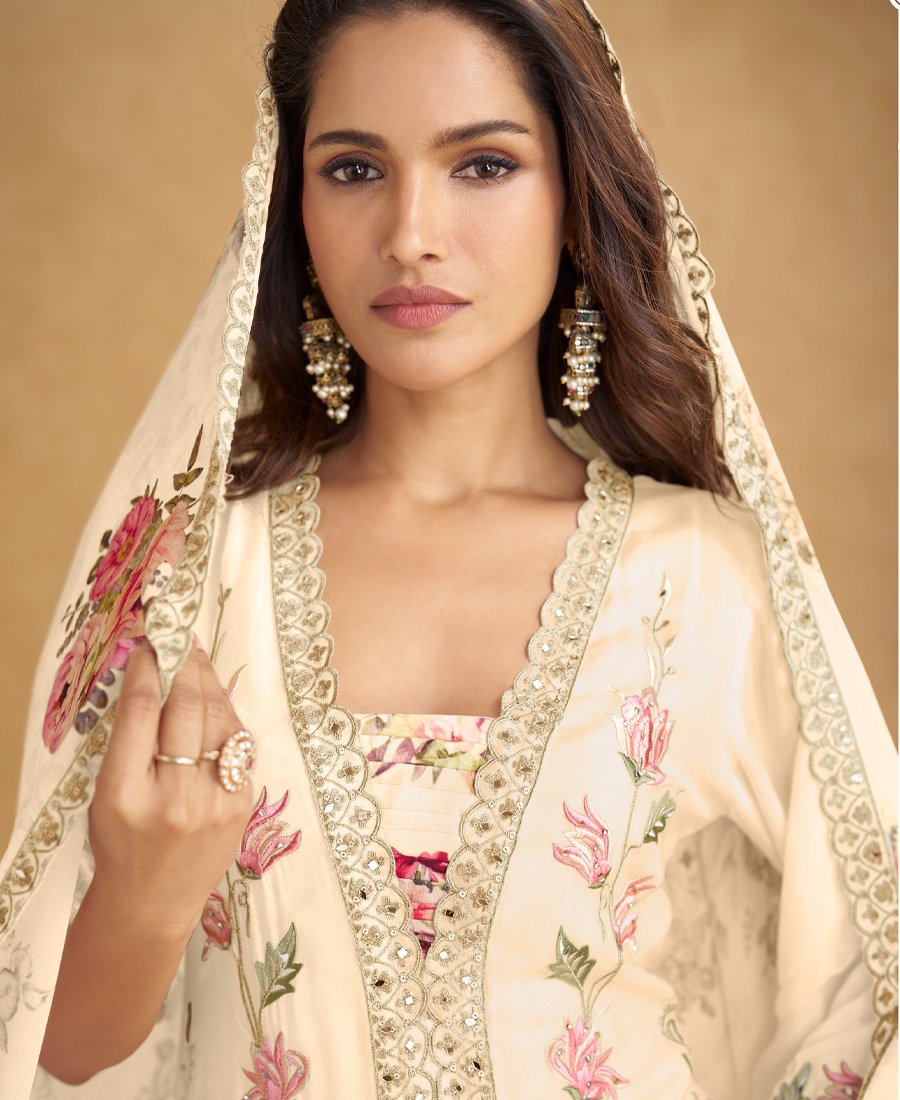 White Chinon Straight Suit For Women With Multi Thread Embroidery