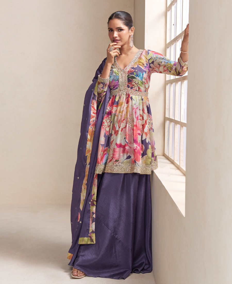 Fancy Floral Printed Chinon Peplum Style Purple Palazzo Set For Women - Image 4