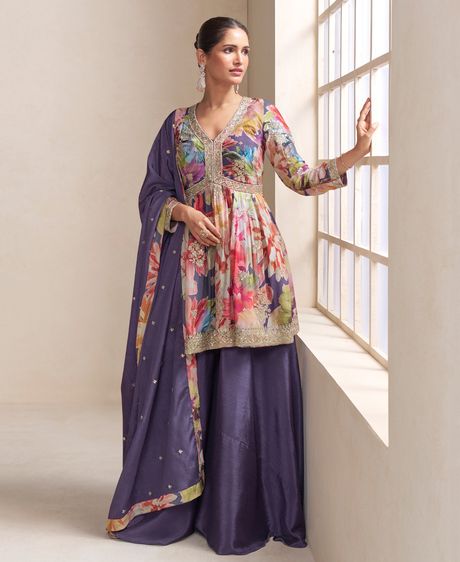 Fancy Floral Printed Chinon Peplum Style Purple Palazzo Set For Women - Image 2
