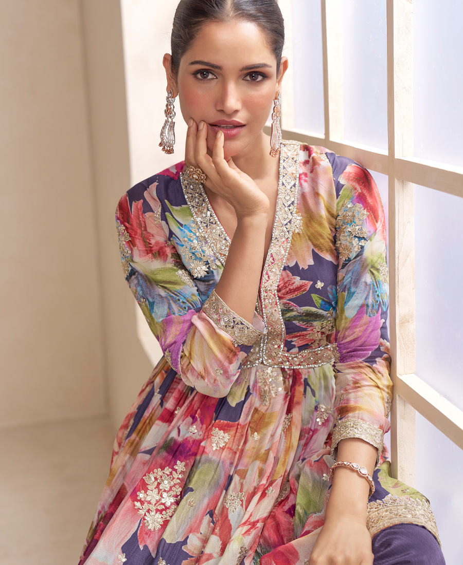 Fancy Floral Printed Chinon Peplum Style Purple Palazzo Set For Women