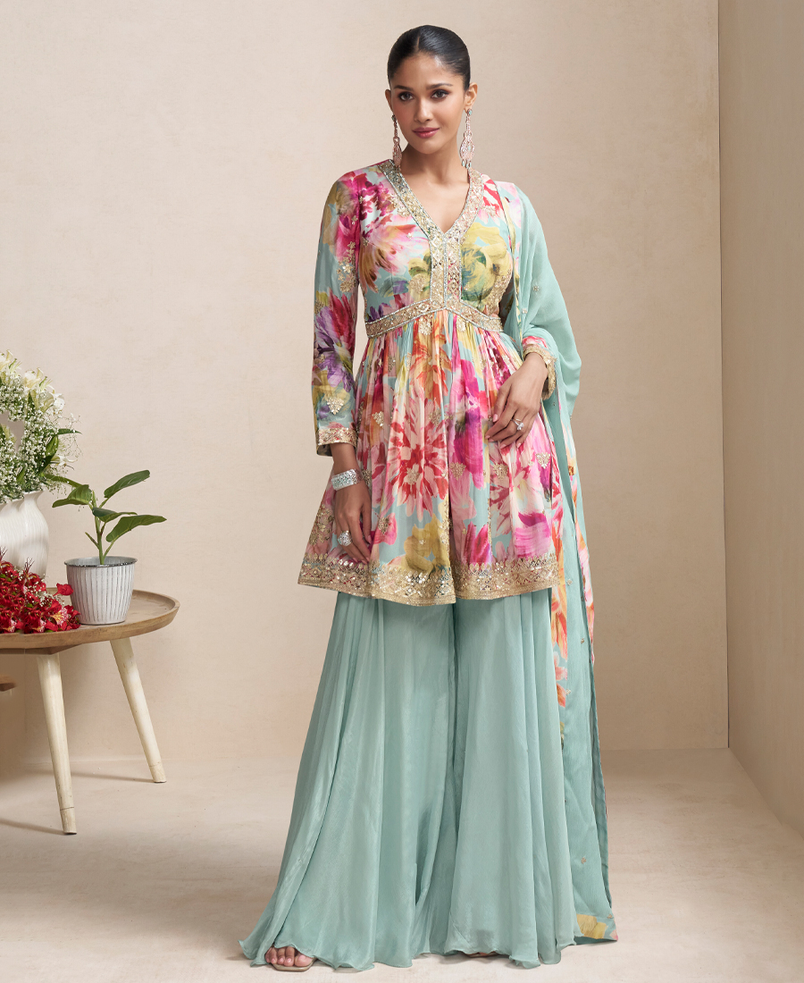 Fancy Floral Printed Chinon Peplum Style Sky Blue Palazzo Set For Women - Image 3
