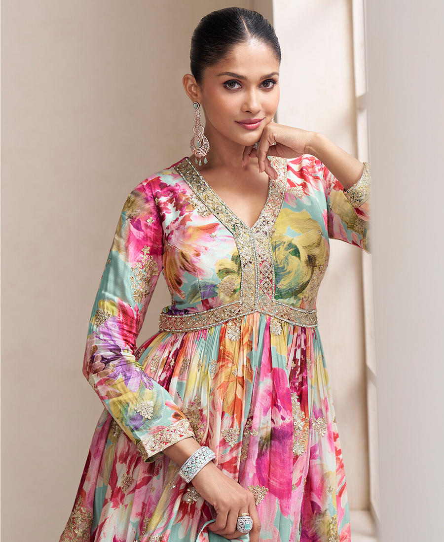 Fancy Floral Printed Chinon Peplum Style Sky Blue Palazzo Set For Women - Image 2