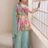Fancy Floral Printed Chinon Peplum Style Sky Blue Palazzo Set For Women