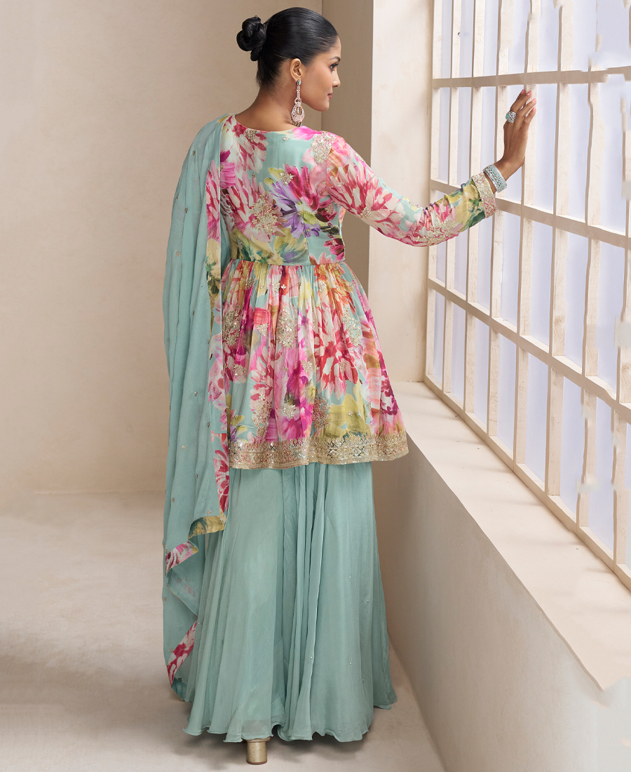 Fancy Floral Printed Chinon Peplum Style Sky Blue Palazzo Set For Women