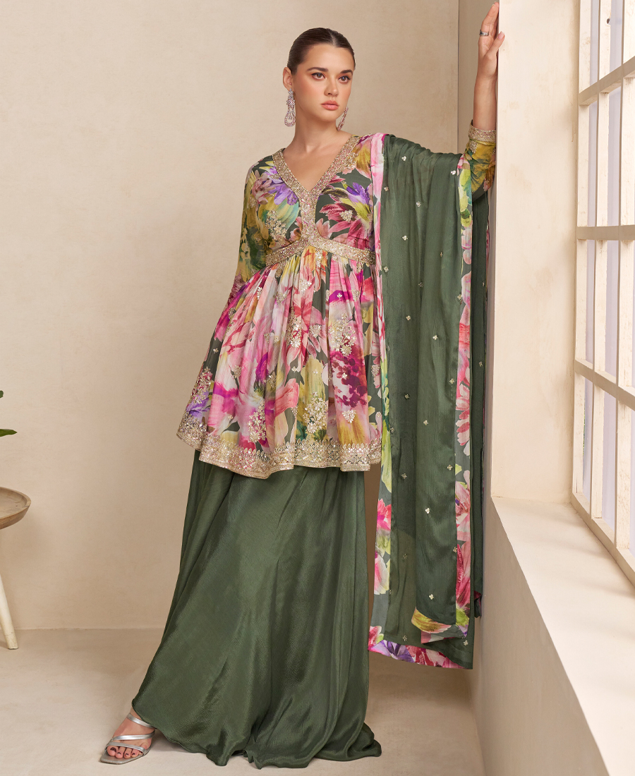Fancy Floral Printed Chinon Peplum Style Green Palazzo Set For Women - Image 4