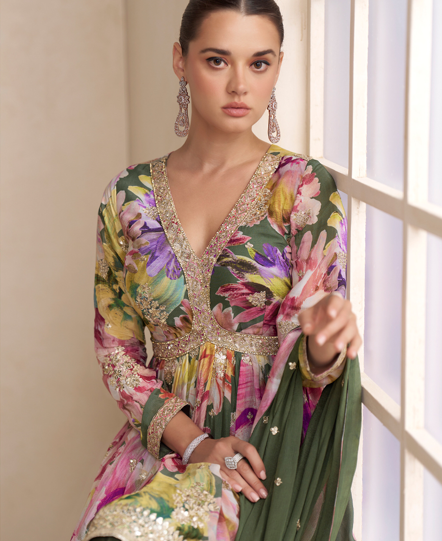 Fancy Floral Printed Chinon Peplum Style Green Palazzo Set For Women - Image 3