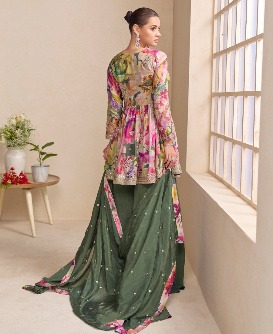 Fancy Floral Printed Chinon Peplum Style Green Palazzo Set For Women - Image 2
