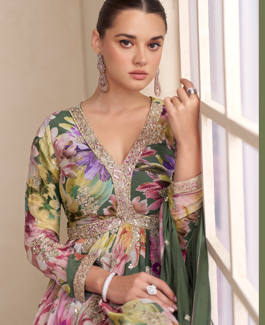 Fancy Floral Printed Chinon Peplum Style Green Palazzo Set For Women