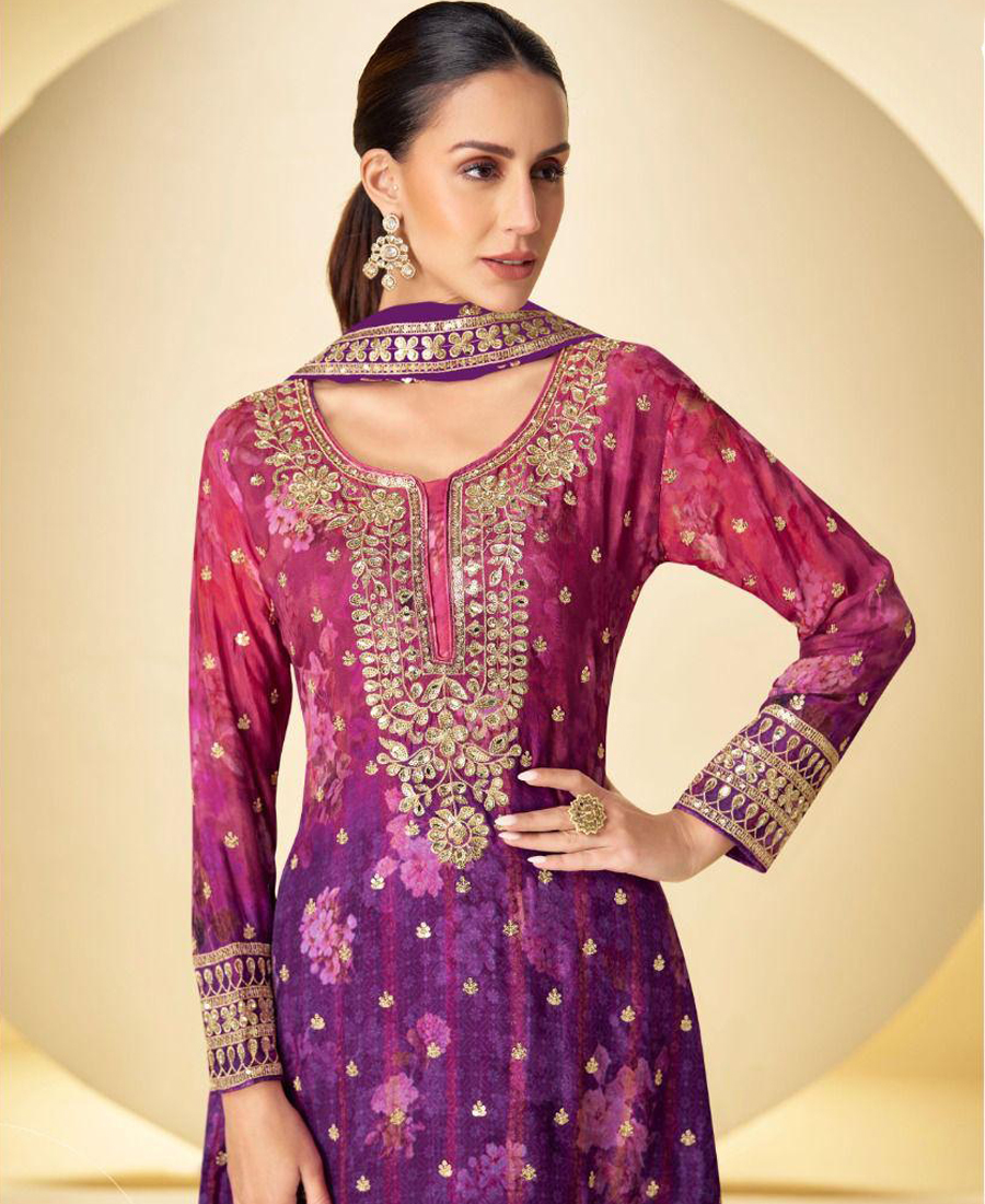 Party Wear Chinon Palazzo Suit For Women With Print Embroidery Work Purple