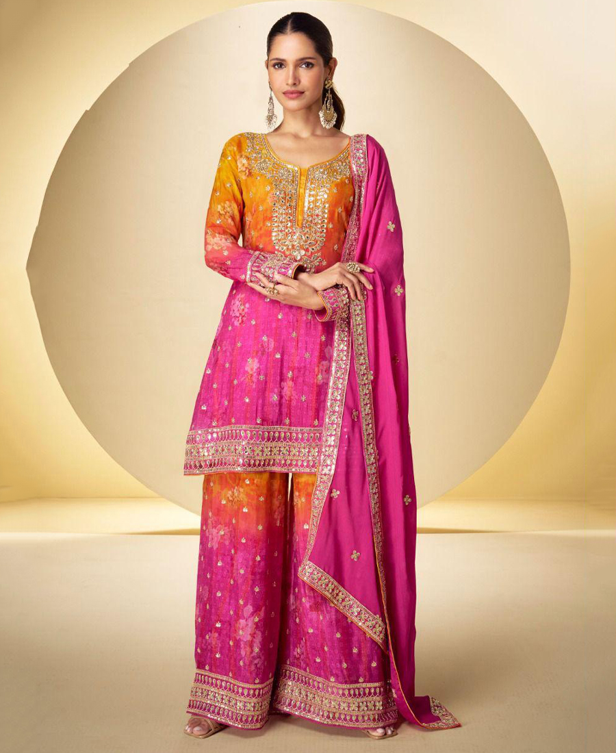 Party Wear Chinon Palazzo Suit For Women With Print Embroidery Work Pink - Image 4