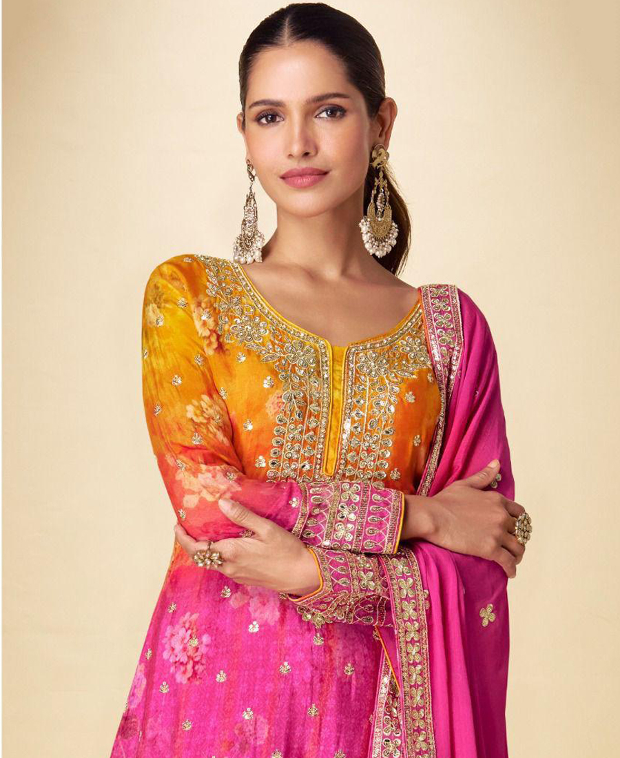 Party Wear Chinon Palazzo Suit For Women With Print Embroidery Work Pink - Image 3