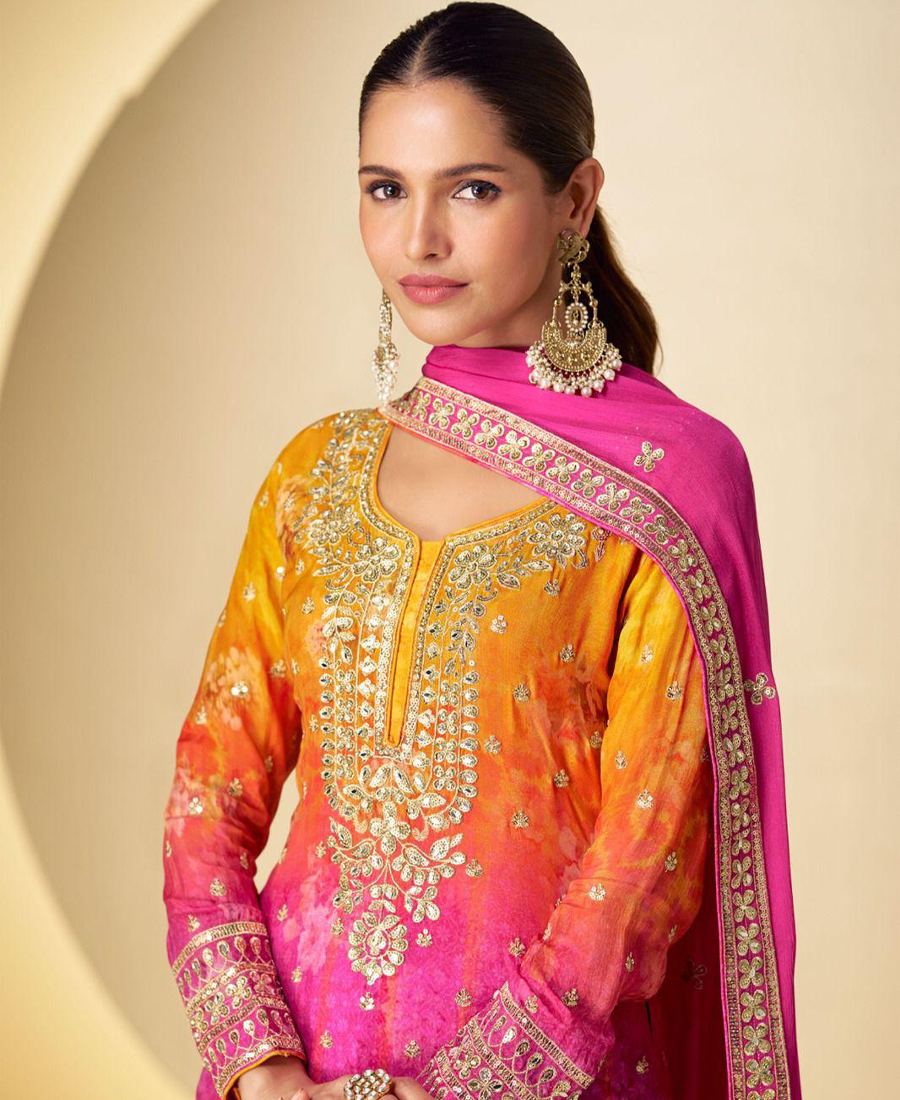 Party Wear Chinon Palazzo Suit For Women With Print Embroidery Work Pink - Image 2