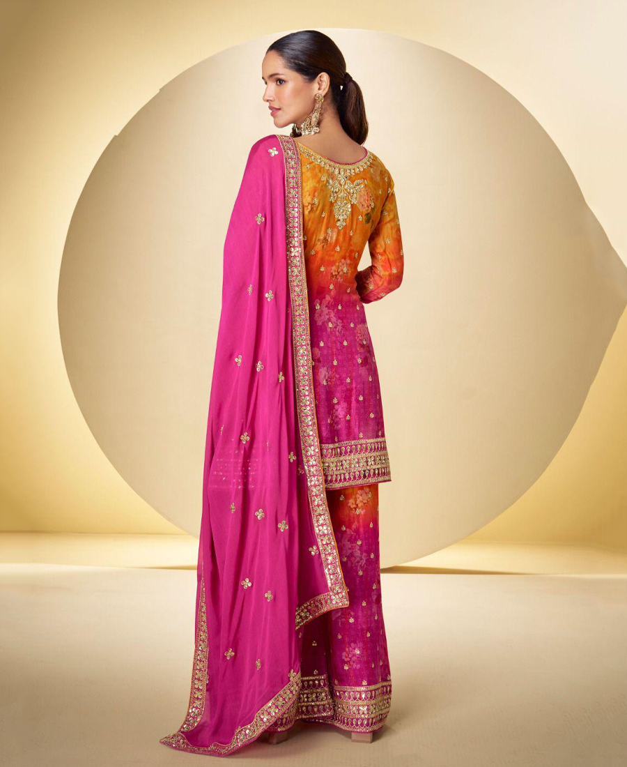 Party Wear Chinon Palazzo Suit For Women With Print Embroidery Work Pink