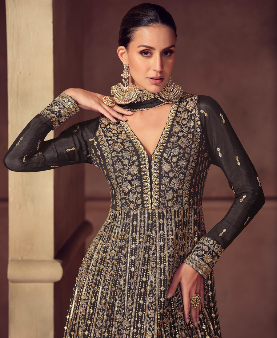 Heavy Chinon Black Anarkali For Women Wedding Wear