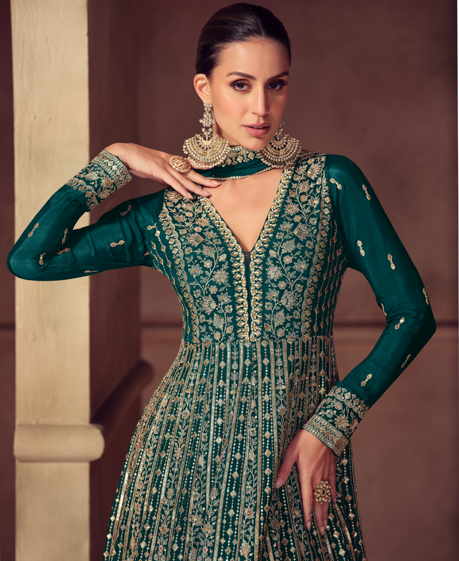 Heavy Chinon Teal Blue Anarkali For Women Wedding Wear