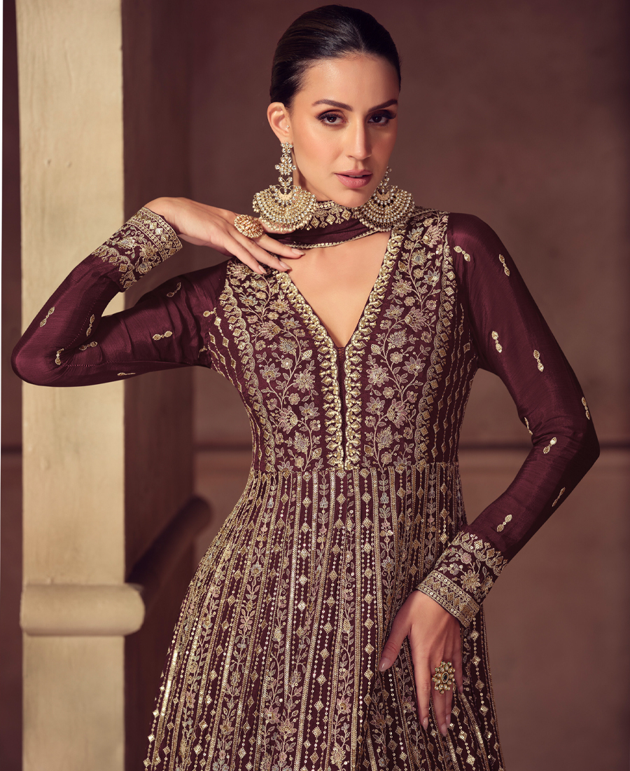 Heavy Chinon Dark Brown Anarkali For Women Wedding Wear