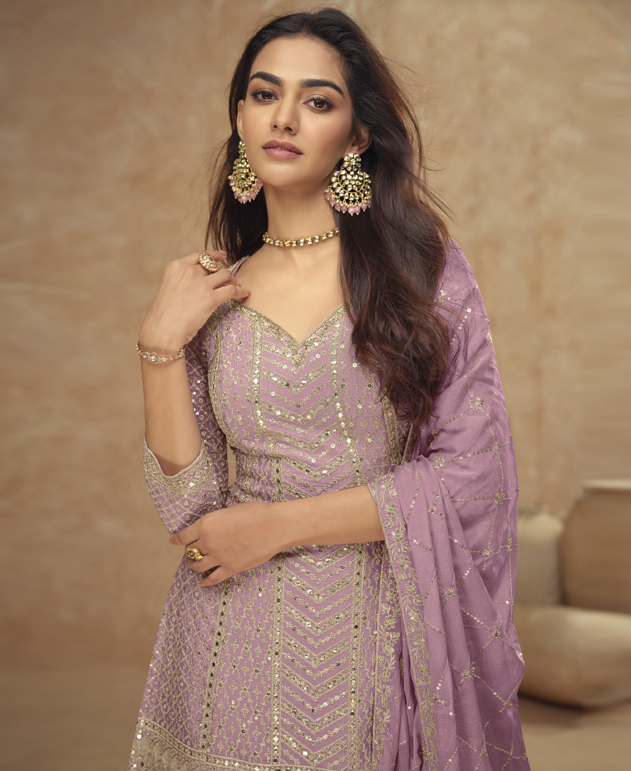 Designer Chinon Palazzo Set For Women Ethnic Wear Baby Pink