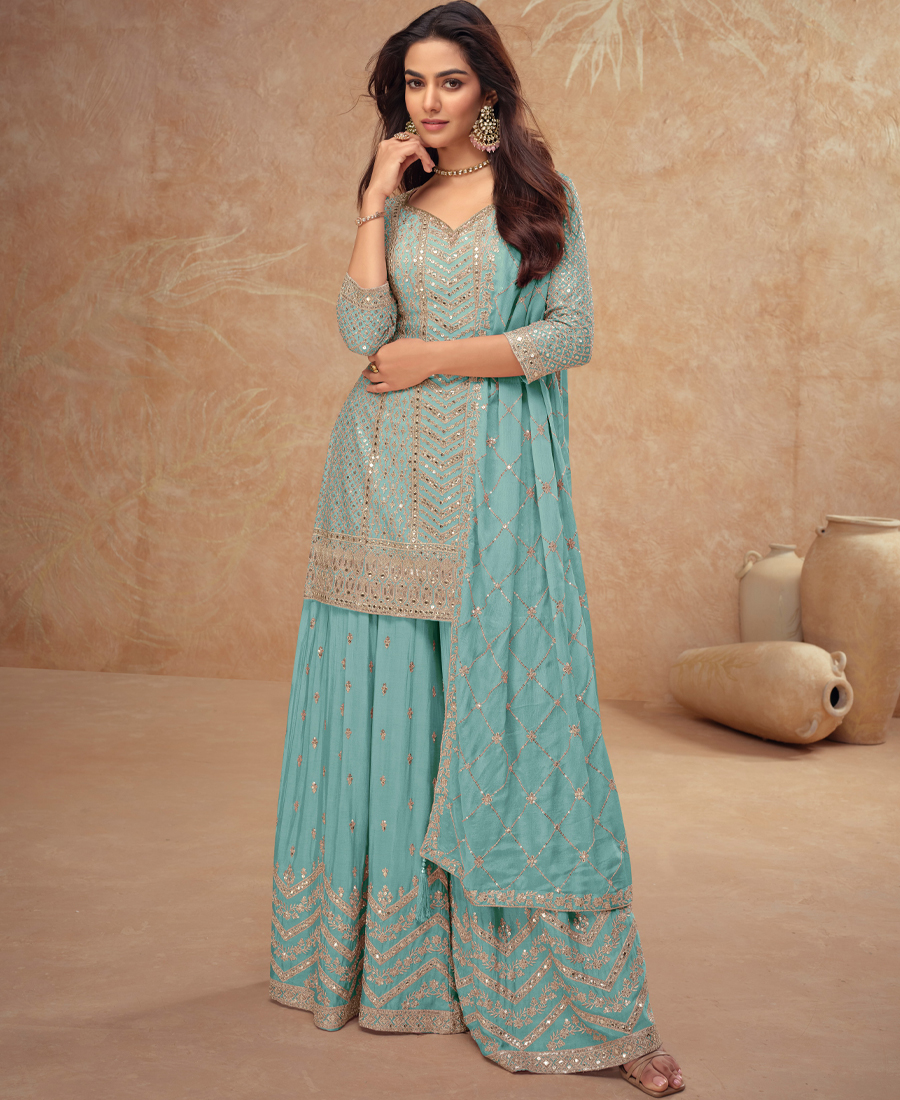 Designer Chinon Palazzo Set For Women Ethnic Wear Sky Blue - Image 2