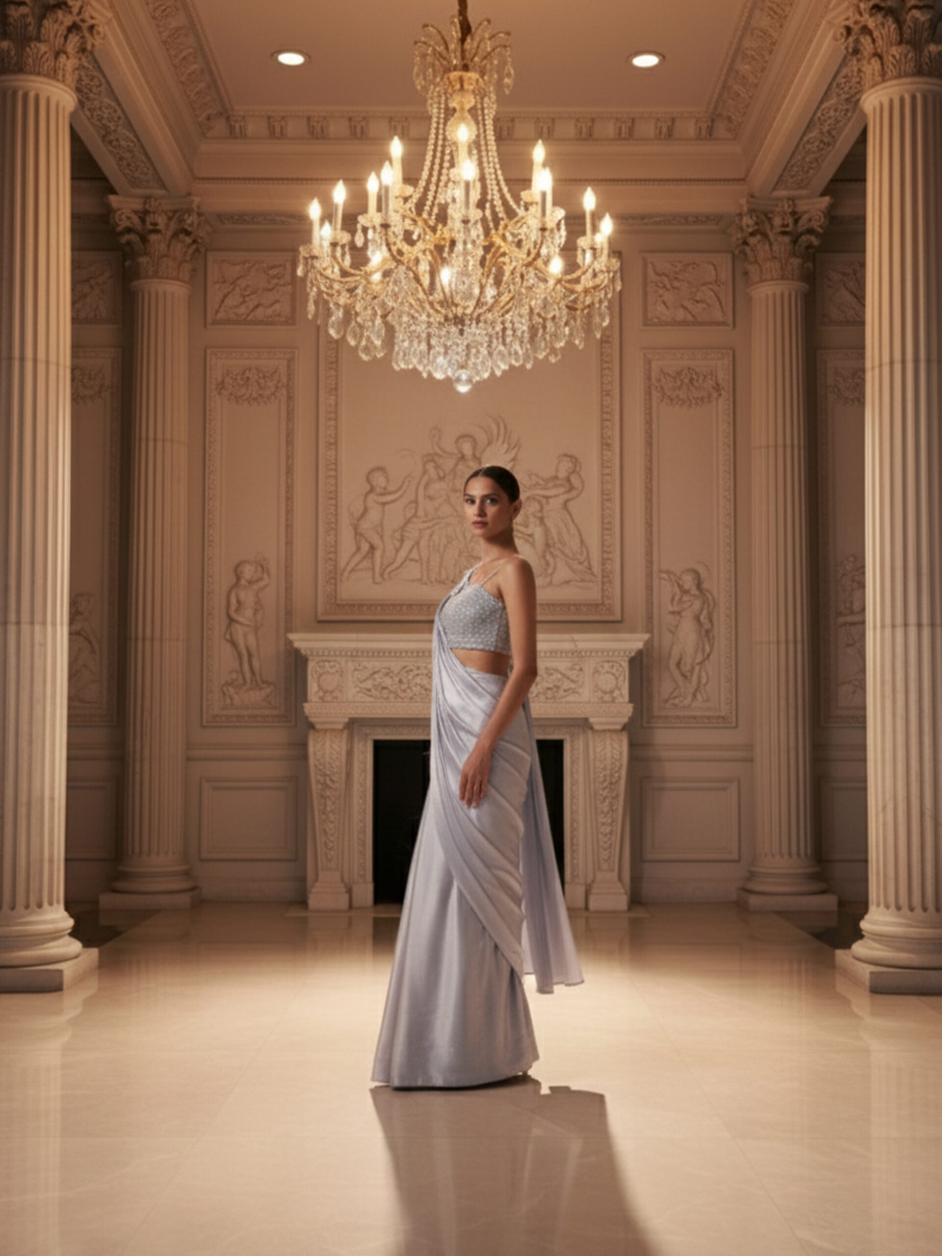 Elegant Silver Satin Pre-Draped Saree with Embellished One-Shoulder Blouse - Image 9