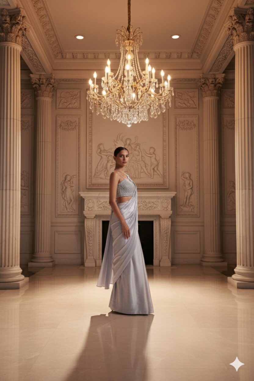 Elegant Silver Satin Pre-Draped Saree with Embellished One-Shoulder Blouse - Image 10