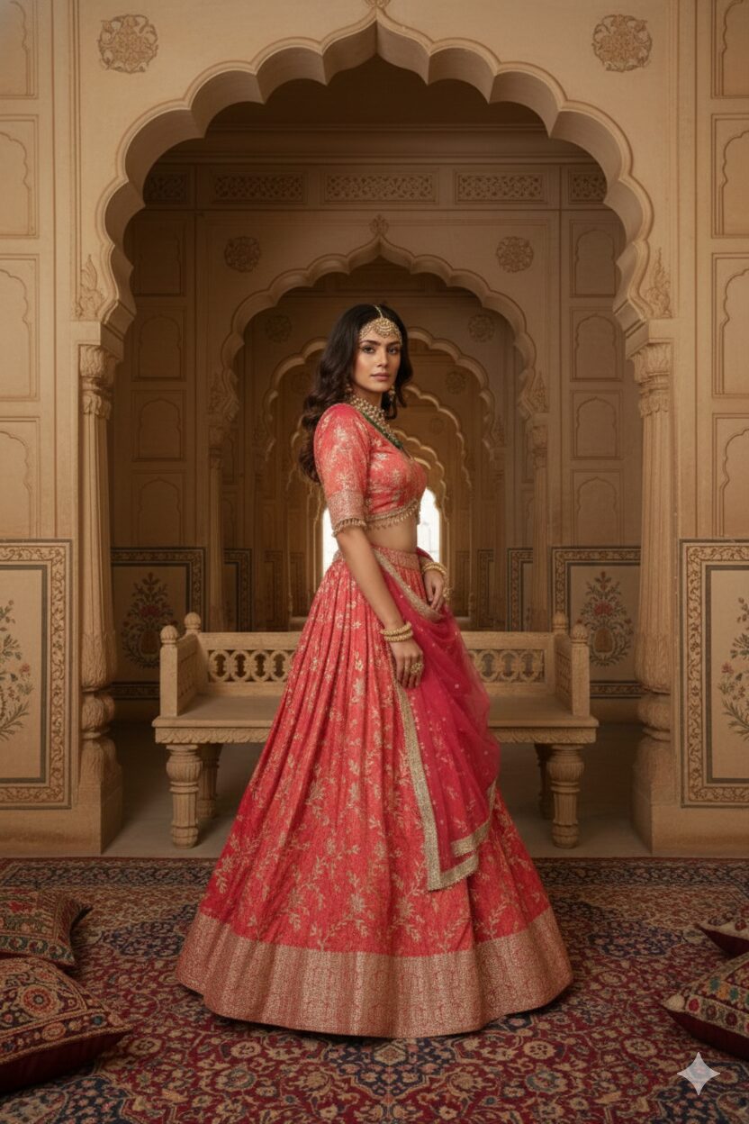 Coral Pink Floral Embroidered Lehenga Choli with Net Dupatta - Image 4