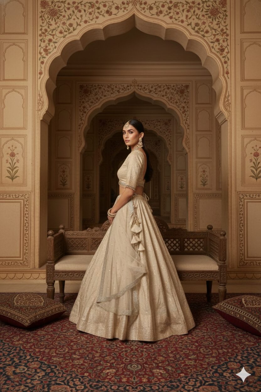 Ivory Gold Embellished Lehenga Choli with Net Dupatta - Image 4