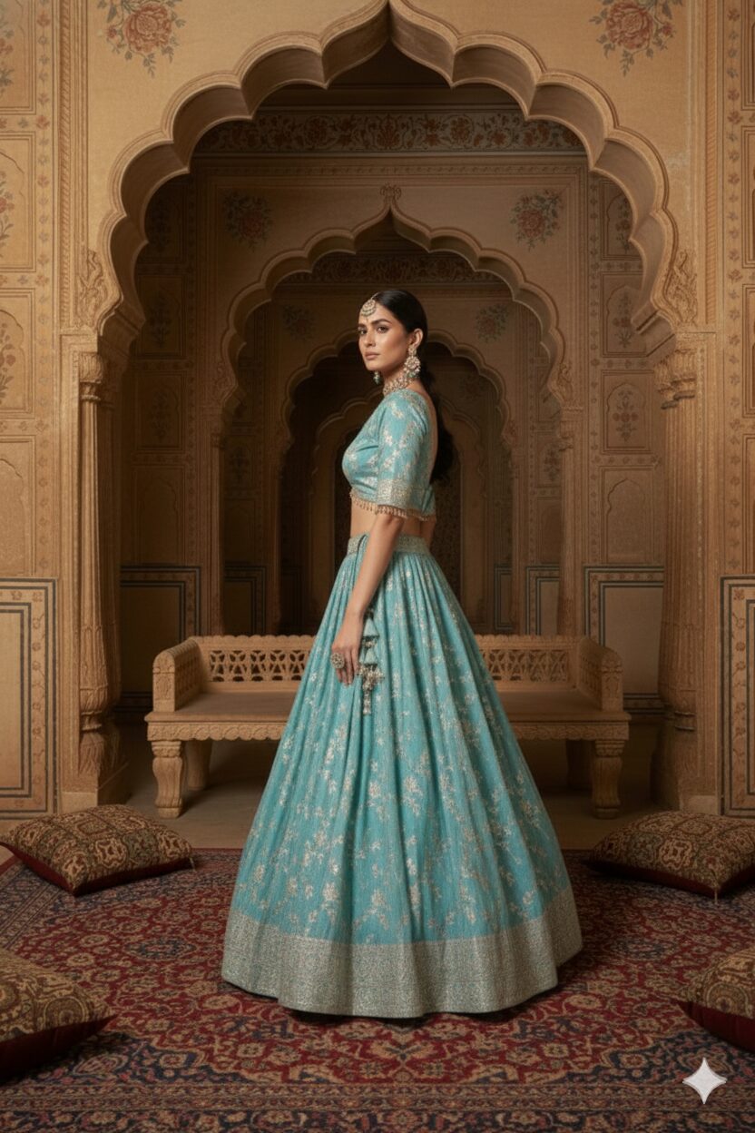 Aqua Blue Floral Woven Lehenga Choli with Net Dupatta - Image 5