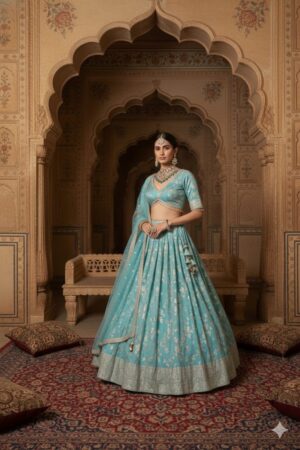 Aqua Blue Floral Woven Lehenga Choli with Net Dupatta