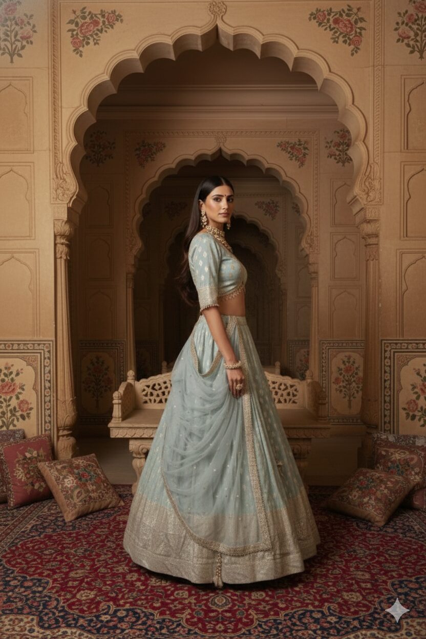 Ethereal Powder Blue Handcrafted Bridal Lehenga Set - Image 4