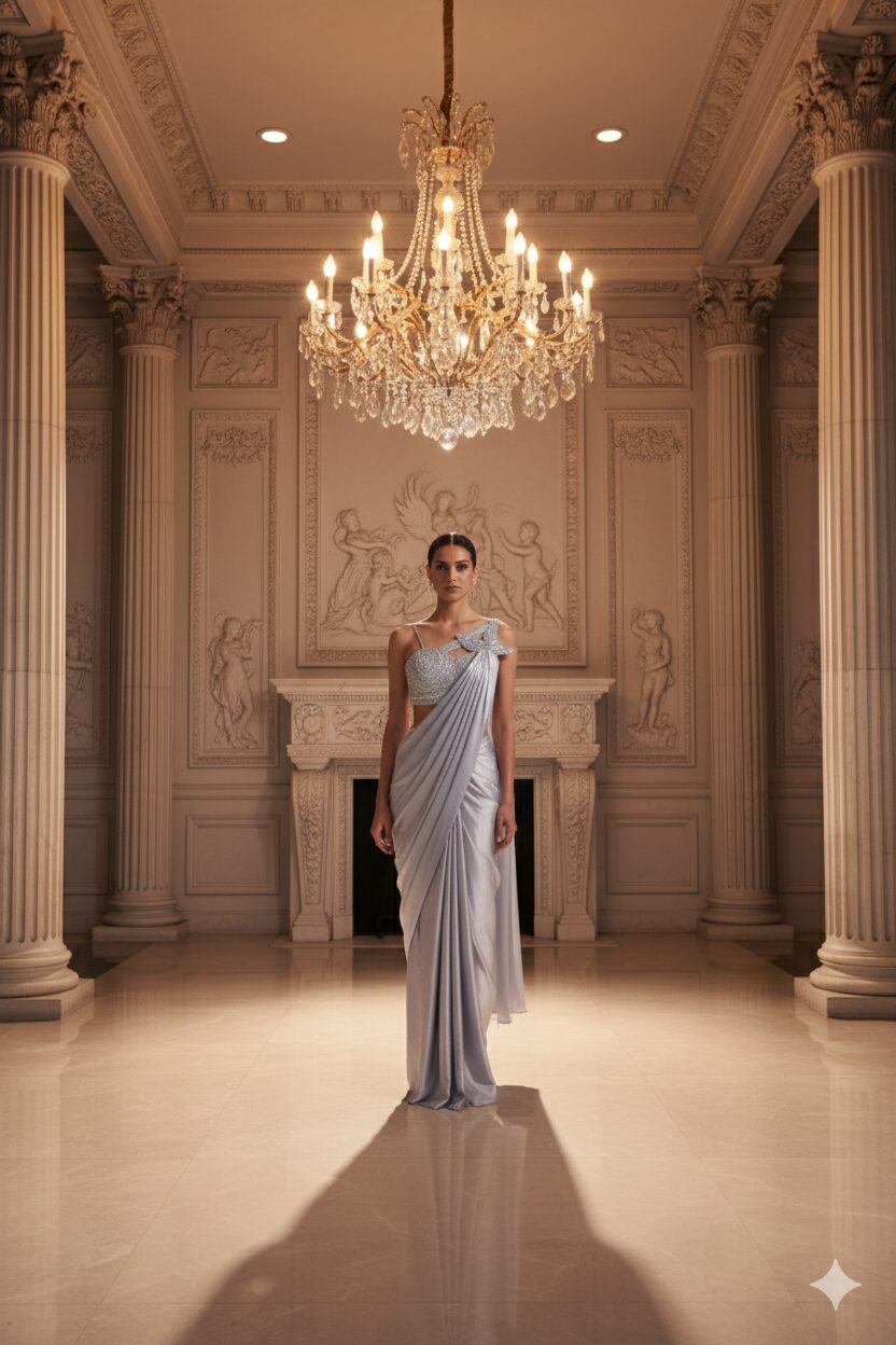 Elegant Silver Satin Pre-Draped Saree with Embellished One-Shoulder Blouse