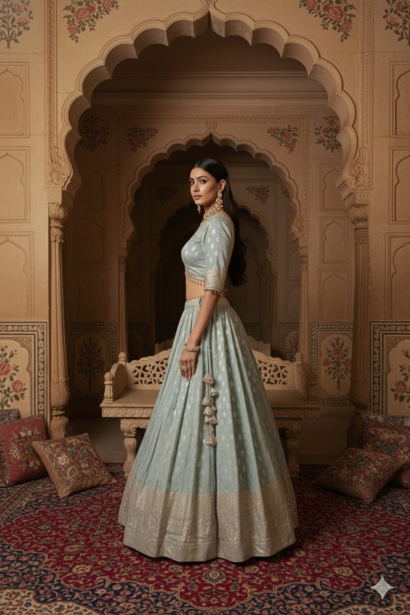 Ethereal Powder Blue Handcrafted Bridal Lehenga Set - Image 3