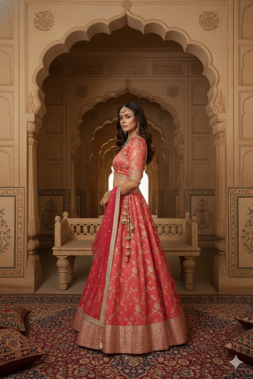 Coral Pink Floral Embroidered Lehenga Choli with Net Dupatta - Image 5