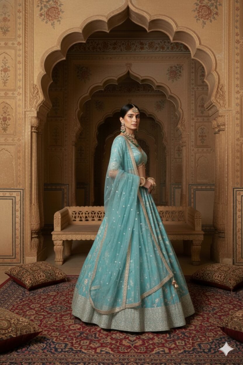Aqua Blue Floral Woven Lehenga Choli with Net Dupatta - Image 3